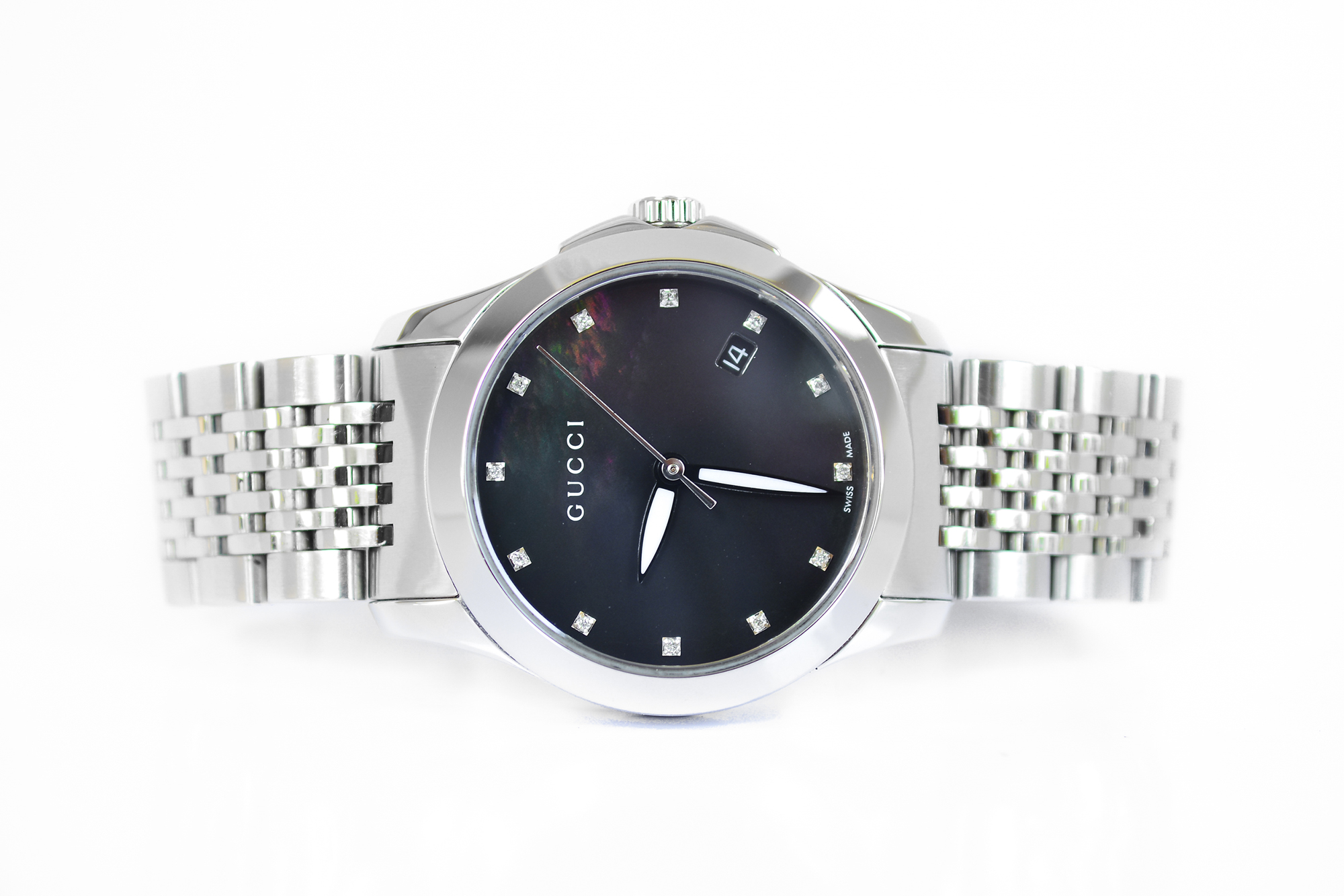 Gucci G Times Stainless Steel Quartz Ladies หน้ามุกดำ ฝังเพชร 12เม็ด (Sold)