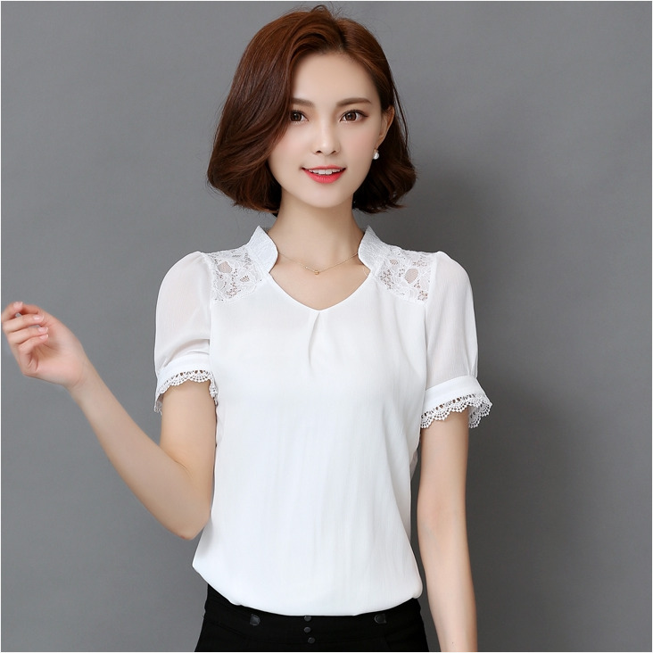 เสื้อทำงานสีขาว แขนสั้น ผ้าชีฟอง สวยดูดี เรียบร้อยสไตล์สาวออฟฟิศ