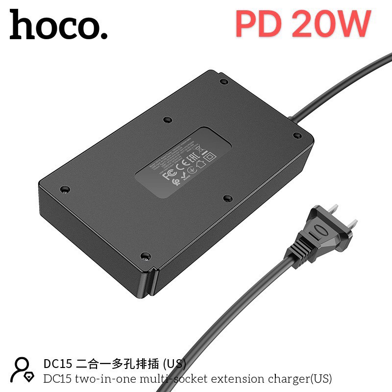 Hoco DC15 2in1 Multi-Socket Charger QC 3.0 PD 20W - รางปลั๊กไฟ ปลั๊กพ่วง 3 ช่อง และ USB 4 ช่อง PD 1 มีเทคโนโลยีชาร์จเร็วทั้ง PD 20W และ Quick Charge 3.0