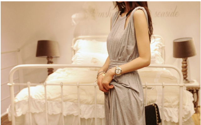 maxi dress ชุดเดรสยาวแฟชั่น คอรูด แขนกุด ใส่ทำงาน ผ้าคอตตอน ซิบหลัง สีเทา ใส่เที่ยว เท่ห์ๆ จ้า Asia Street Fashion