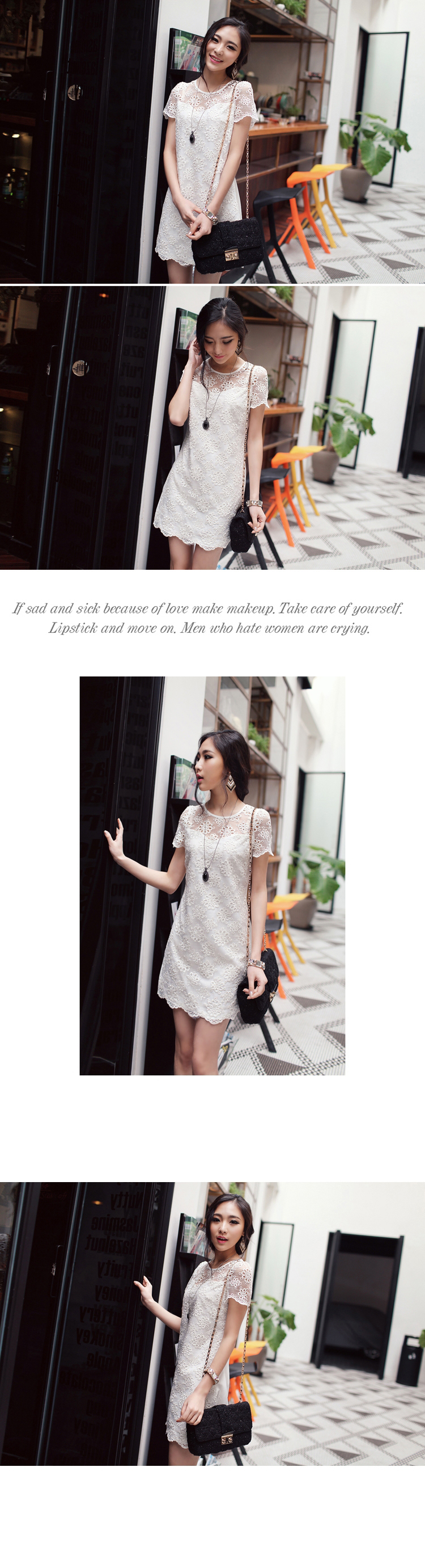 DRESS ชุดเดรสแฟชั่นผ้าลูกไม้ ใส่ออกงาน งานแต่งงาน แขนสั้น คอกลม สีขาวครีม น่ารัก ใส่ทำงาน สวยๆ ASIA STREET FASHION