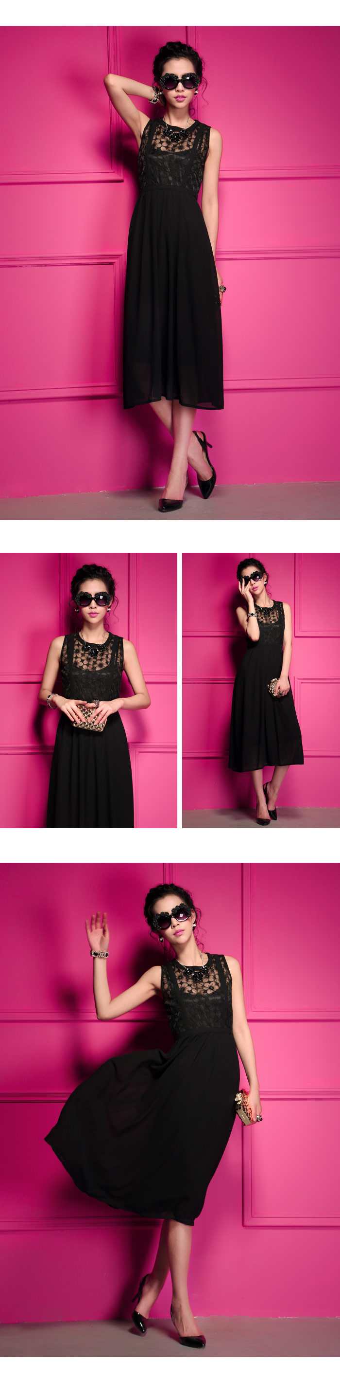 maxi dress ชุดเดรสยาวแฟชั่นแขนกุด ใส่ทำงาน กระโปรงผ้าชีฟอง แต่งโบว์ สีดำ ออกงานกลางวัน Asia Street Fashion