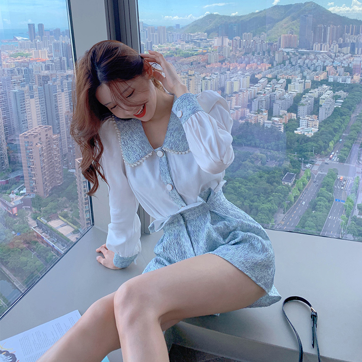 Palglg : พรีออเดอร์ ชุดเซ็ทแฟชั่นสองชิ้น เสื้อเชิ้ตแขนยาว + กางเกงขาสั้นเอวสูงสีฟ้าเข้าชุด แบรนด์แท้