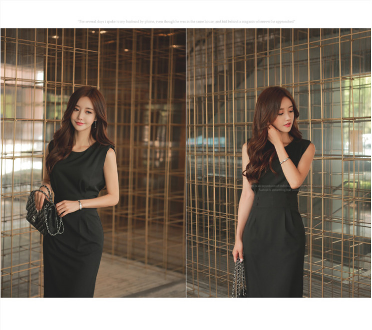 ชุดเดรสทำงานสีดำ ทรงเข้ารูป แขนกุด แนวเรียบร้อย สวย ดูดี แฟชั่นทำงานสไตล์สาวออฟฟิศ