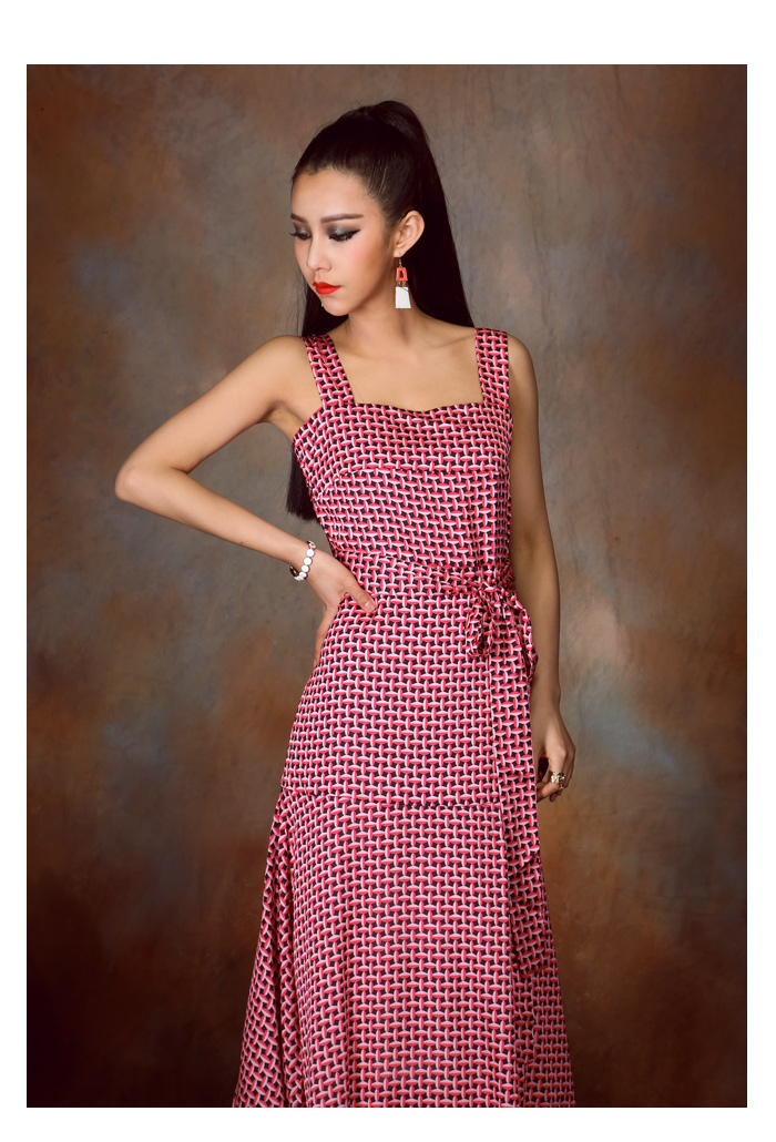 maxi dress - ชุดเดรสยาว ลายสีชมพู ดำ ใส่ออกงาน ใส่เที่ยว เชือกผูกเอว สวยๆ Asia Street Fashion