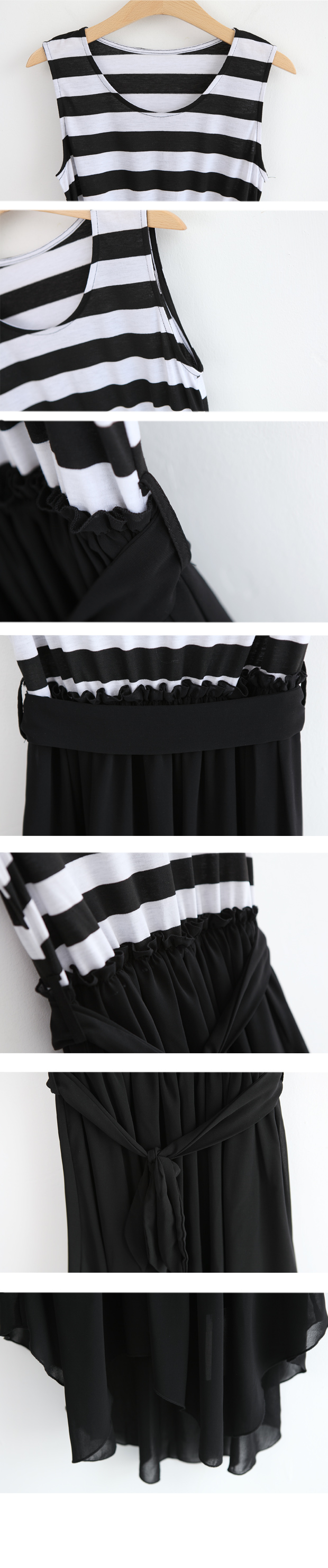 DRESS ชุดเดรสแฟชั่นแขนกุด คอกลม ลายขวางสีดำ ขาว ผ้าคอตตอน + ชีฟอง จั๊มเอว ASIA STREET FASHION