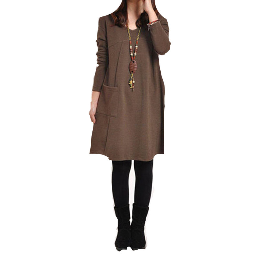 Ladies Long Sleeve Pockets V-Neck Loose Casual Dress