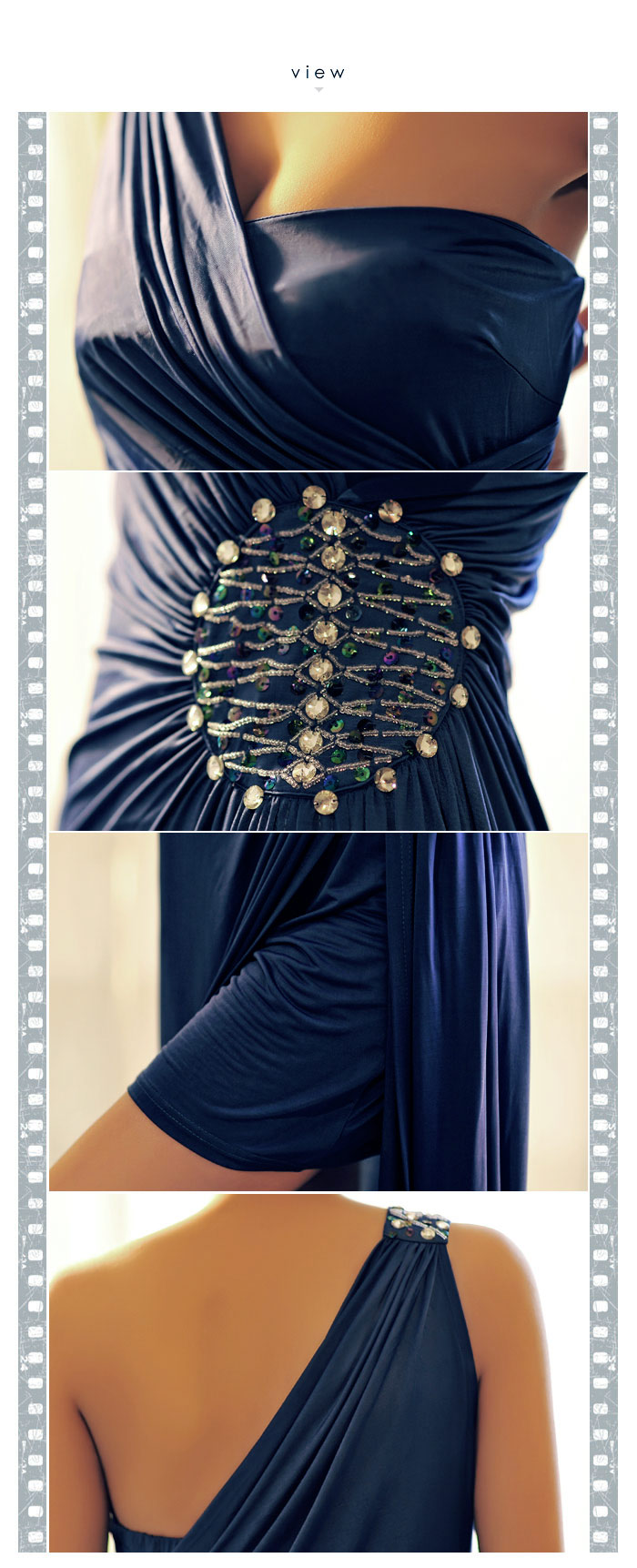 ชุดราตรียาว Maxi Dress ชุดเดรสยาว สีน้ำเงิน เปิดไหล่ ประดับคริสตัลที่ช่วงเอว ใส่ออกงาน สวยน่ารัก Asia Street Fashion