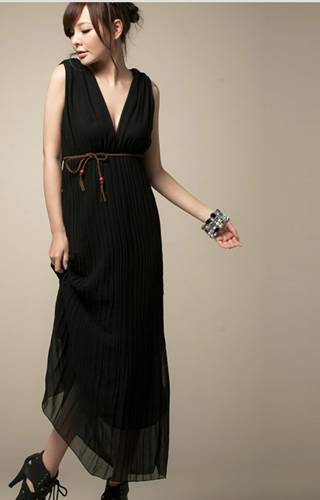 MAXI DRESS ชุดเดรสยาวแขนกุด ใส่เที่ยว ทำงาน กระโปรงอัดพลีท ผ้าชีฟอง สีดำ สวยๆ ใส่ออกงานได้ ASIA STREET FASHION