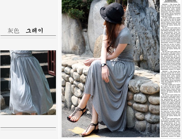 maxi dress ชุดเดรสยาว ใส่เที่ยว ใส่ทำงาน แฟชั่นเกาหลี ผ้า cotton สายผูกเย็บติดในตัว สีเทา เท่ห์ๆ Asia Street Fashion