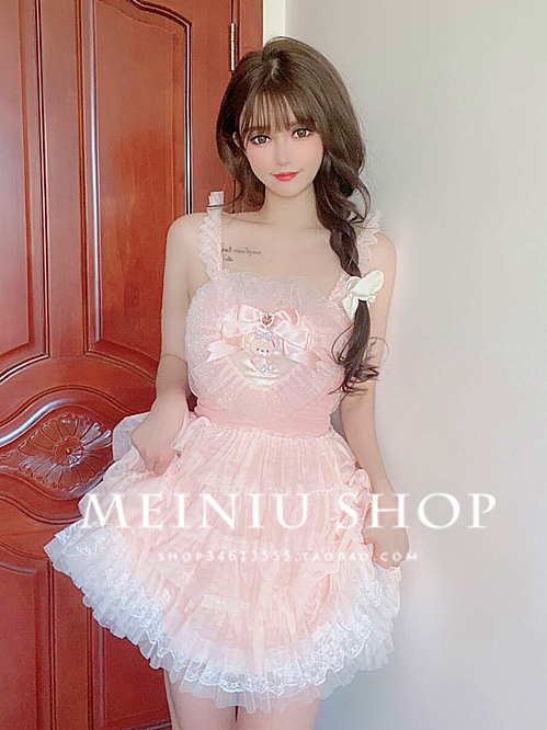 พรีออเดอร์ : เดรสสั้นแขนกุดแต่งระบายพองๆ น่ารักๆ ปักลายหมี สีส้มอมชมพู