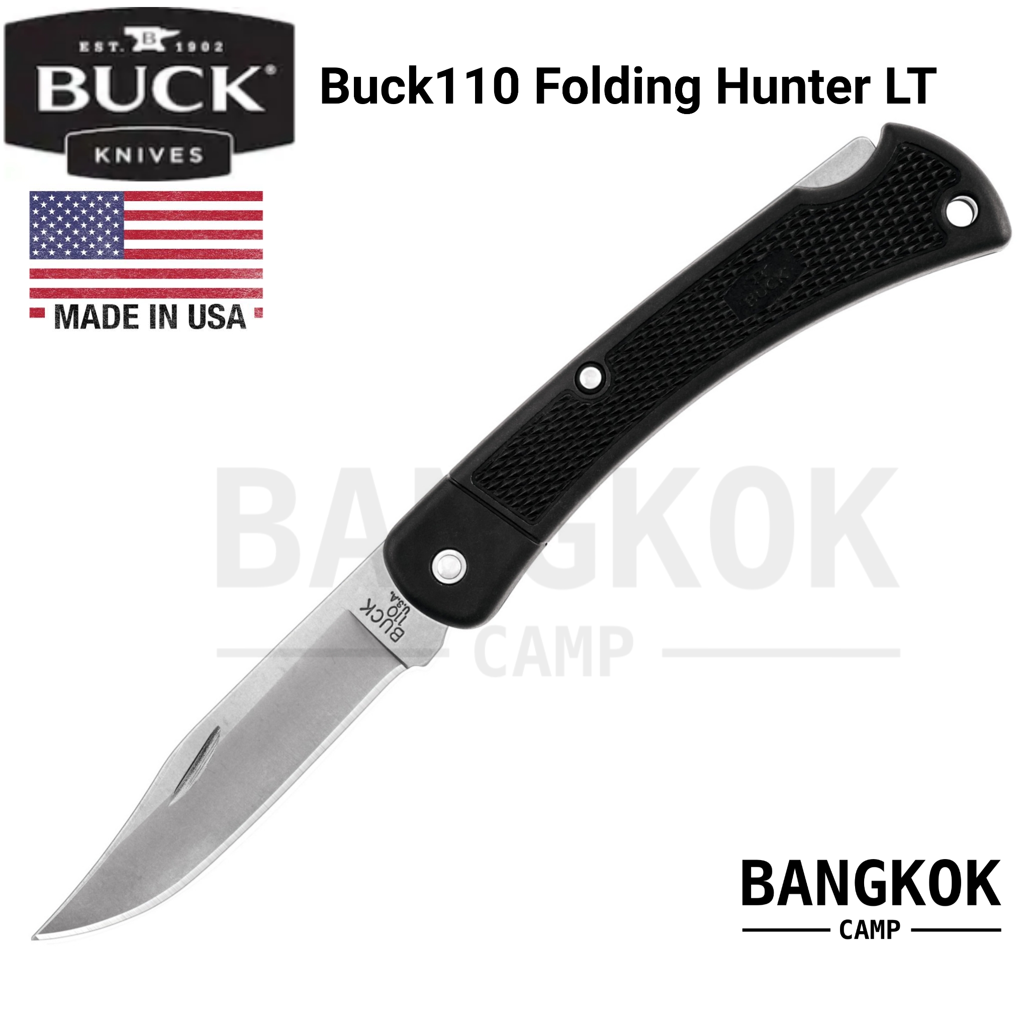 มีดพับ Buck110 Folding Hunter LT 3.75" Plain Blade, Black Nylon Handles, Polyester Sheath - 11553