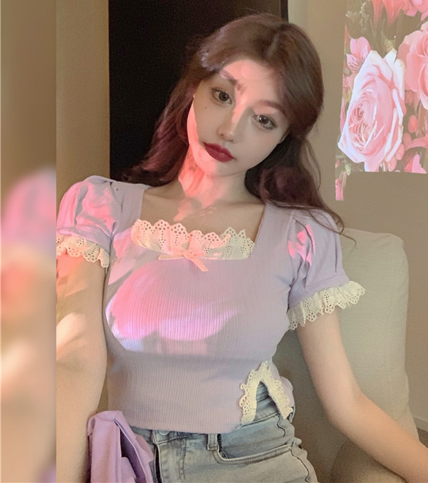 พรีออเดอร์ : เสื้อแฟชั่นสไตล์เกาหลีแบบหวาน สีม่วงน่ารักๆ