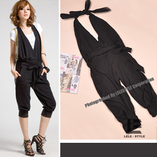 jumpsuit ชุดเอี๊ยมกางเกงขาสั้น สีดำ แฟชั่นใส่เที่ยว ใส่ทำงาน ผ้าคอตตอน เท่ห์ๆ