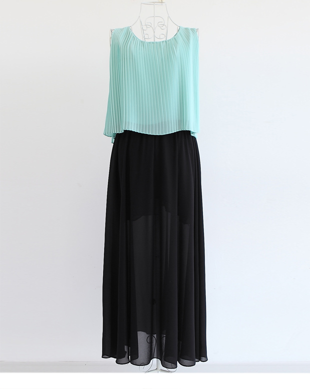 MAXI DRESS ชุดเดรสยาวผ้าสองชิ้น ส่วนกระโปรงสีดำ เสื้อสีเขียวอ่อน แฟชั่นใส่เที่ยว ใส่ทำงาน สวยน่ารักมากๆ ASIA STREET FASHION