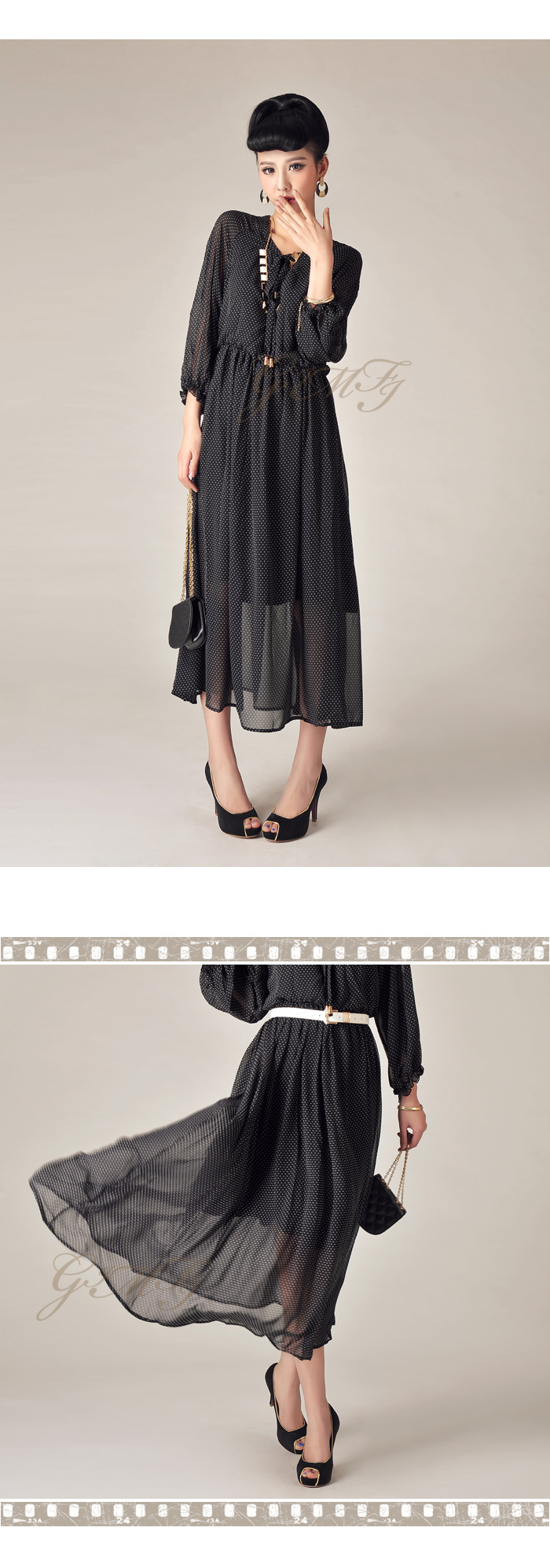 MAXI DRESS ชุดเดรสยาวแฟชั่นแขนยาว สีดำลายจุดขาว คอวี ผ้าชีฟอง จั๊มเอว ใส่เที่ยว ใส่ทำงาน สวยมาก ASIA STREET FASHION