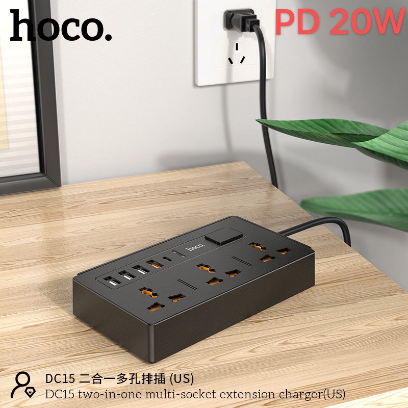 Hoco DC15 2in1 Multi-Socket Charger QC 3.0 PD 20W - รางปลั๊กไฟ ปลั๊กพ่วง 3 ช่อง และ USB 4 ช่อง PD 1 มีเทคโนโลยีชาร์จเร็วทั้ง PD 20W และ Quick Charge 3.0