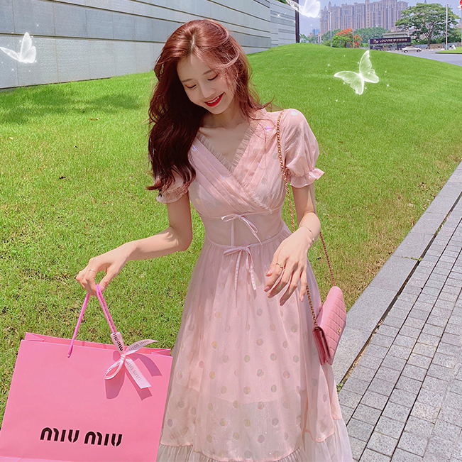 Palglg : พรีออเดอร์ เดรสยาวแฟชั่นสไตล์เกาหลีหวานๆ สีส้มอ่อนพิมพ์ลายจุดแบบเกล็ดเลื่อม คอวี แบรนด์แท้