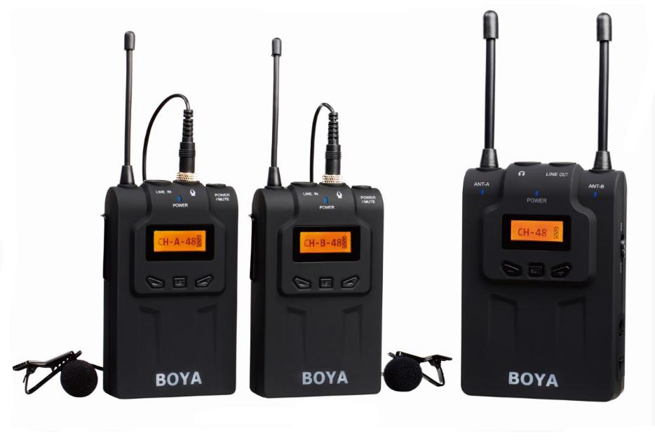 BOYA BY-WM8 UHF Dual-Channel Wireless System ไมค์ไร้สายแบบ 2 ไมค์ตัวส่ง 1 ตัวรับสัญญาณ
