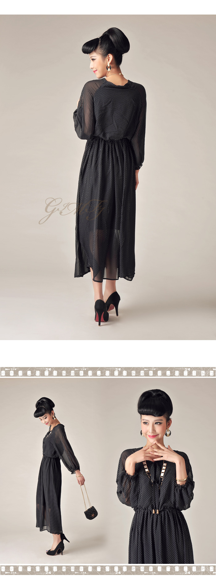 MAXI DRESS ชุดเดรสยาวแฟชั่นแขนยาว สีดำลายจุดขาว คอวี ผ้าชีฟอง จั๊มเอว ใส่เที่ยว ใส่ทำงาน สวยมาก ASIA STREET FASHION