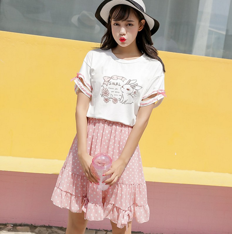 เสื้อยืดคอกลมแขนสั้นพิมพ์ลายกระต่ายหวานๆ สไตล์ญี่ปุ่น