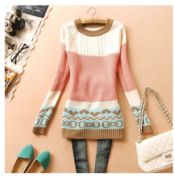 fashion เสื้อกันหนาว สเวตเตอร์ แขนยาว ไหมพรม คอกลม สีเบจ ชมพู ฟ้า น่ารักๆ ใส่เที่ยว ทำงาน