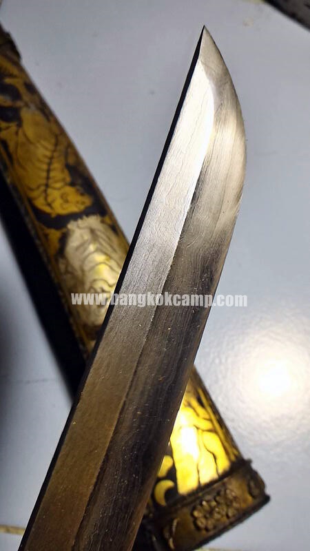 ดาบญี่ปุ่นลายเสือเล่มเล็ก ฮาราคีรี กระไหล่เงิน ใบมีดเป็นเหล็กลาย (ใบมีดดามัสกัส)