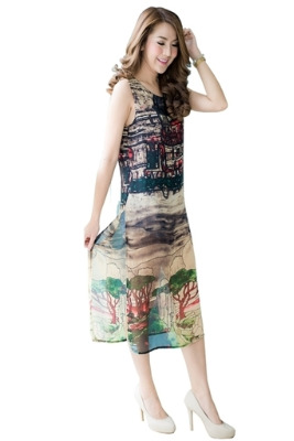 fashionstory เสื้อตัวยาวสวยๆ พิมพ์ลายเก๋ ผ้าชีฟองเนื้อนิ่มแบบเสื้อแขนกุดผ่าข้าง