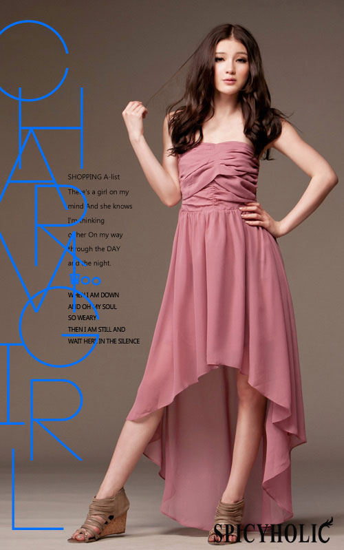 maxi dress ชุดเดรสยาว แฟชั่น ใส่ไปงานแต่งงาน เกาะอก ผ้าชีฟอง สีชมพู ใส่ออกงาน น่ารัก สวยๆ Asia Street Fashion