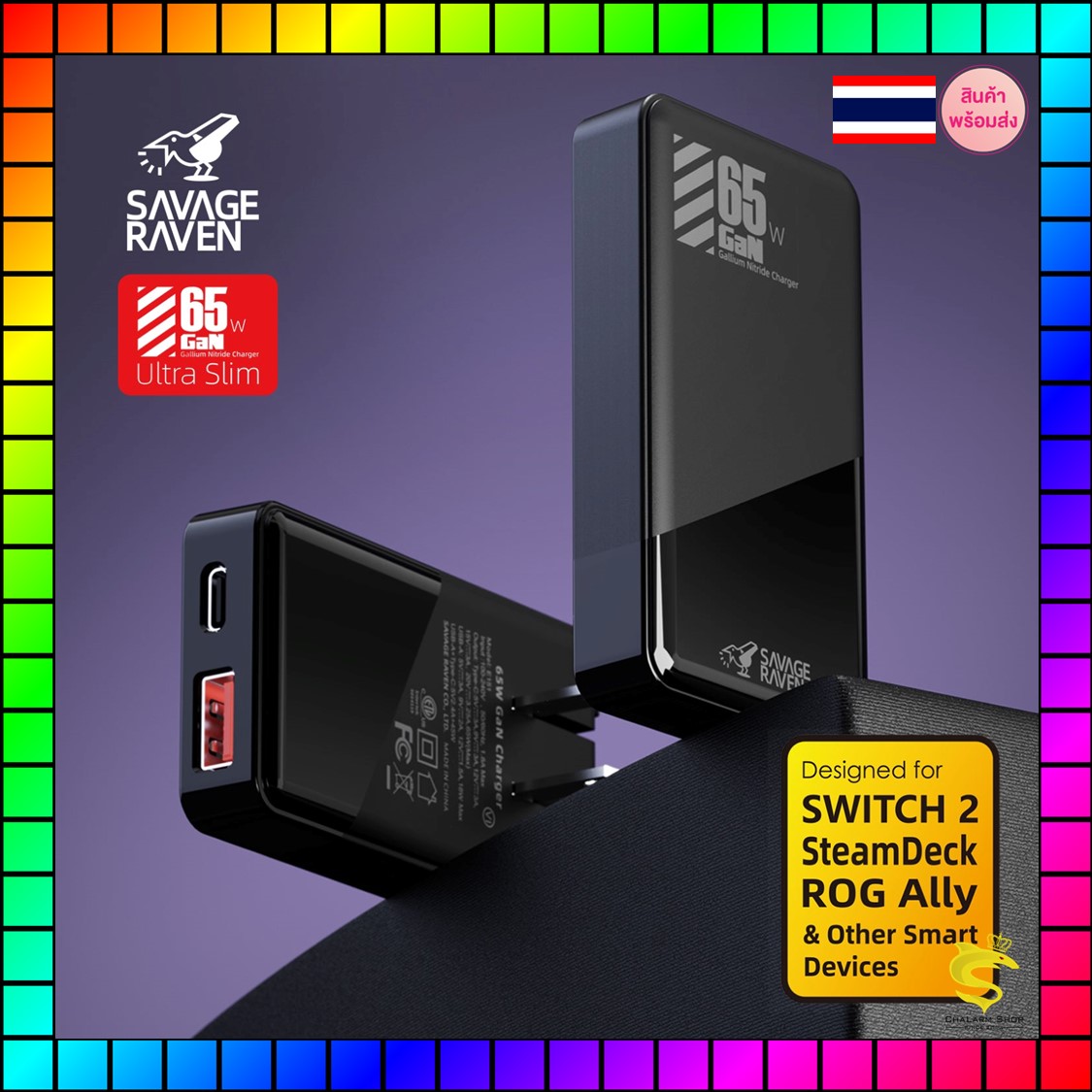 Savage Raven by Skull & Co. 65W GaN Power Adapter for Nintendo SWITCH2/Steam Deck/ROG Ally