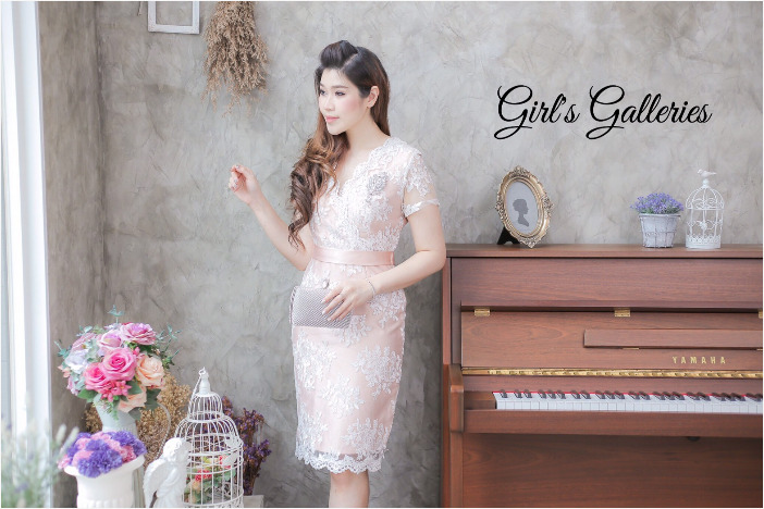 ชุดออกงาน/ชุดไปงานแต่งงานสีโอรส ปักลูกไม้ เข้ารูป แขนสั้น ลุคเรียบหรู สวย ดูดี