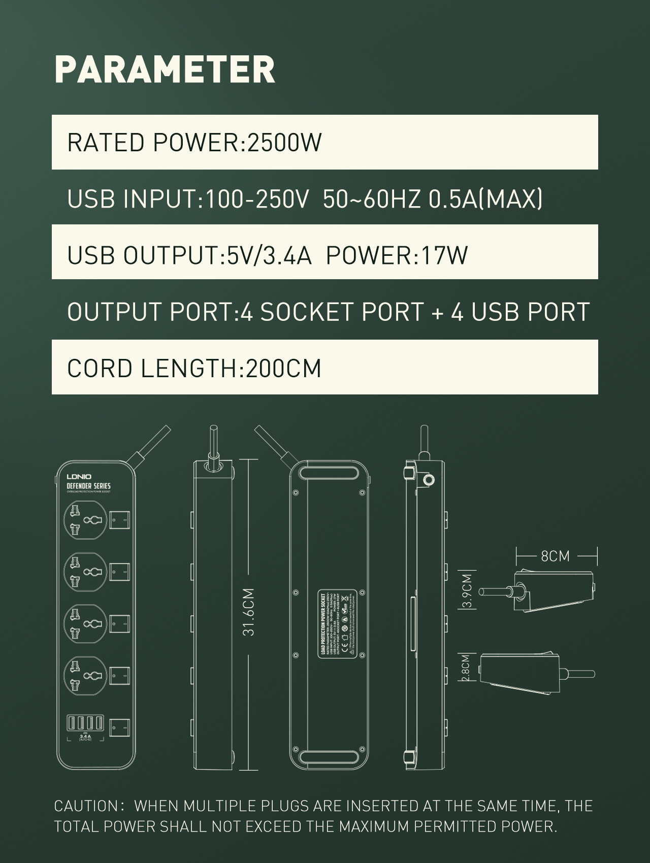 ปลั๊กไฟ รางปลั๊กไฟ ปลั๊กพ่วง LDNIO รุ่น SC4408 4 ช่อง 4 USB สาย 2 เมตร