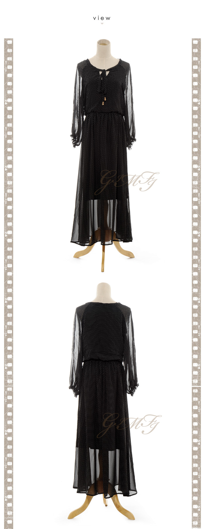 MAXI DRESS ชุดเดรสยาวแฟชั่นแขนยาว สีดำลายจุดขาว คอวี ผ้าชีฟอง จั๊มเอว ใส่เที่ยว ใส่ทำงาน สวยมาก ASIA STREET FASHION