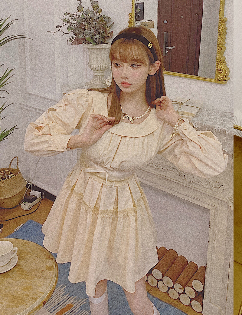 Girly Fancy Club : พรีออเดอร์ เดรสผ้าฝ้ายแฟชั่นน่ารักๆ แขนยาว ประดับโบว์ช่วงแขน แบรนด์แท้