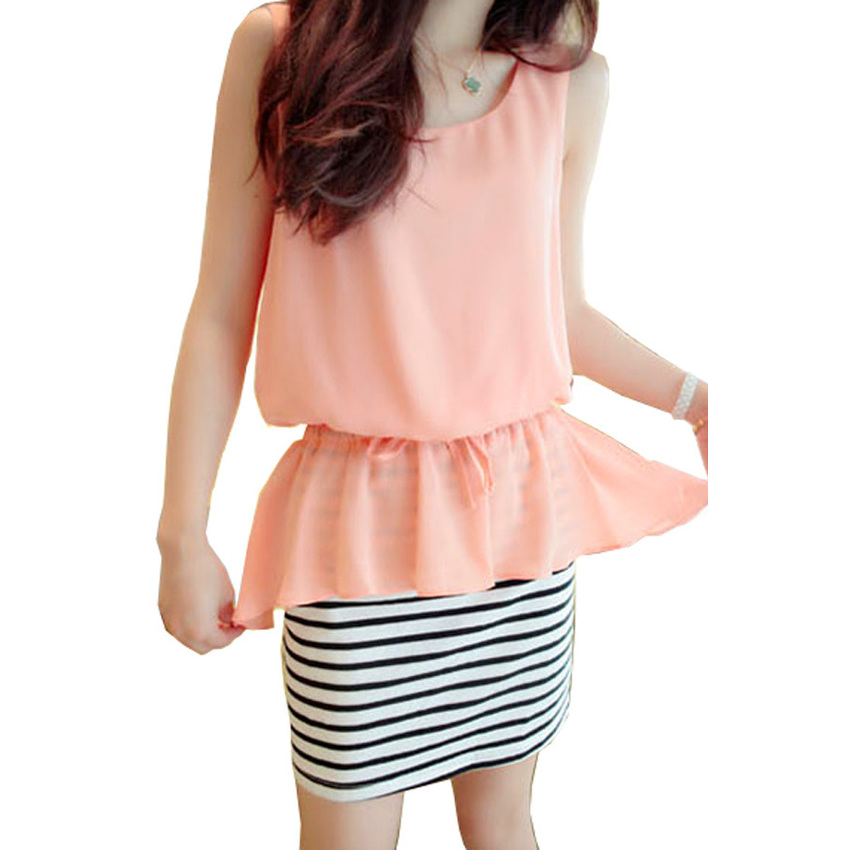 weekend dress ชุดเดรสชุดเดรสยาวสำหรับผู้หญิง กระโปรงผ้ายืดลายทาง - สีชมพู