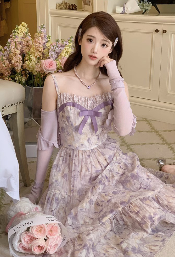 Acaine : พรีออเดอร์ เดรสยาวแฟชั่นสไตล์หวาน เดรสสายเดี่ยวพิมพ์ลาย แบรนด์แท้