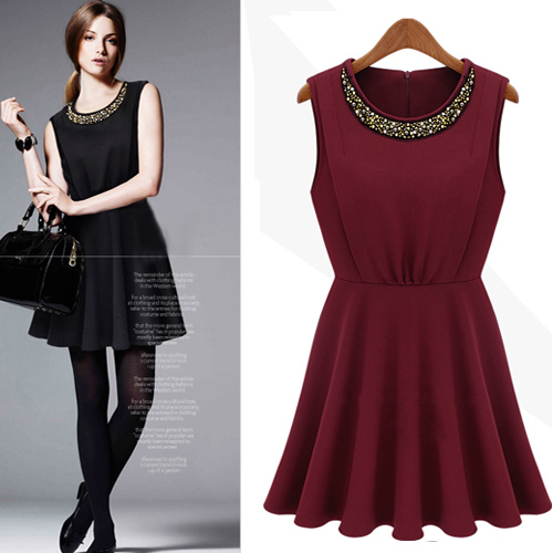 dress ชุดเดรสแขนกุด สีแดง คอกลม แฟชั่นเกาหลี สาวมั่น ใส่ทำงาน ผ้า Cotton แต่งลูกปัดคอเสื้อ Asia Street Fashion