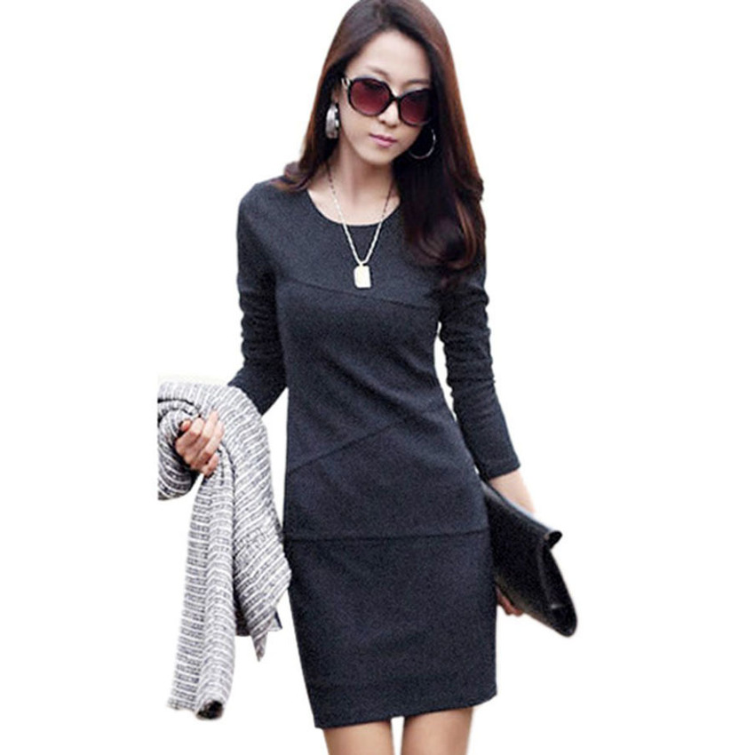 Long Sleeve Causal Slim Tunic Cocktail Dresses For Women Trendy Fashion Style Online (Grey)