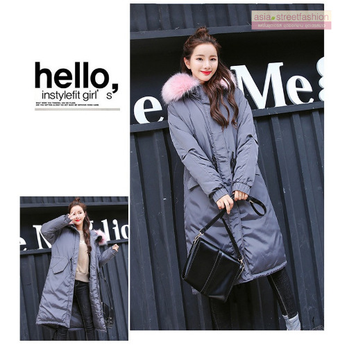 เสื้อกันหนาวฮู้ดดี้ ทรงยาว แต่งเฟอร์หนาฟู งานเกรดดีเหมือนแบบ บุนวมหนา อุ่นมาก หิมะก็เอาอยู่ (ถอดขนถอดฮู้ดได้) เทาฮู้ดชมพู