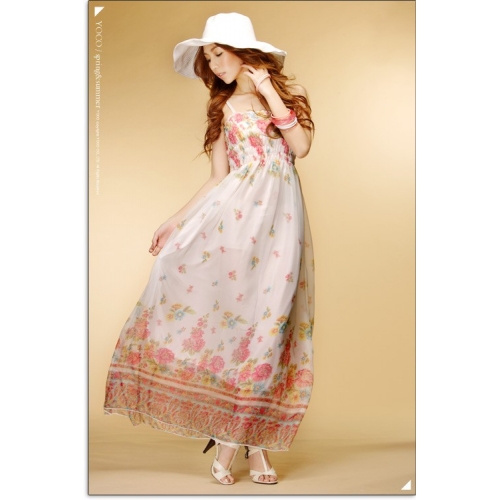 maxi dress ชุดเดรสยาวสายเดี่ยว งานแต่งงาน ผ้าชีฟอง พื้นสีขาว ลายดอกไม้ สม็อกอก ใส่ออกงานได้ สวยๆ Asia Street Fashion