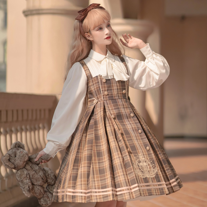 Preorder : เดรสแฟชั่นโลลิต้าลายสก็อตตัดต่อเสื้อเชิ้ตแขนยาวสีขาวตามแบบ (เสื้อคลุมราคาแยกชิ้น) มีให้เลือก 2สี