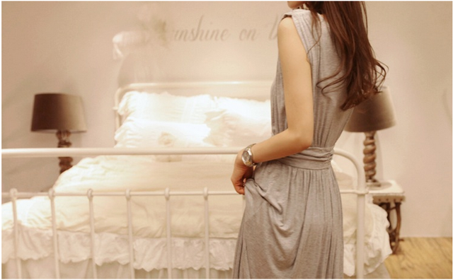 maxi dress ชุดเดรสยาวแฟชั่น คอรูด แขนกุด ใส่ทำงาน ผ้าคอตตอน ซิบหลัง สีเทา ใส่เที่ยว เท่ห์ๆ จ้า Asia Street Fashion