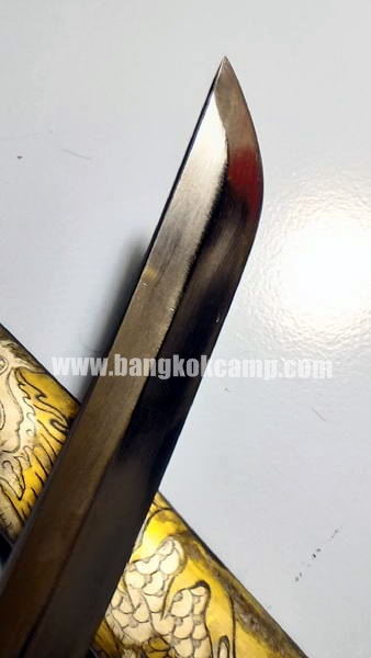 ดาบญี่ปุ่นลายมังกรเล่มเล็ก ฮาราคีรี กระไหล่เงิน ใบมีดเป็นเหล็กลาย (ใบมีดดามัสกัส)