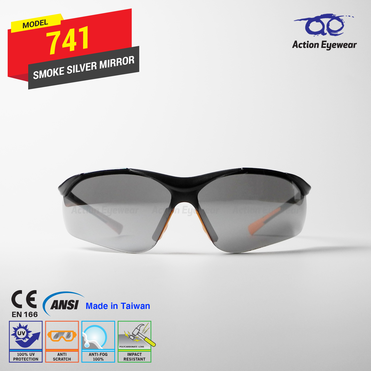 แว่นตานิรภัย รุ่น 741 (กันฝ้า 100%) เลนส์ดำปรอท