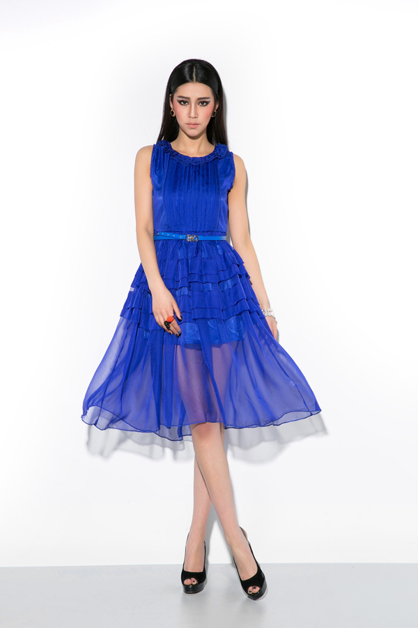 dress ชุดเดรสทํางานแฟชั่น สีน้ำเงิน ผ้าชีฟอง สามารถใส่ออกงานได้ น่ารัก