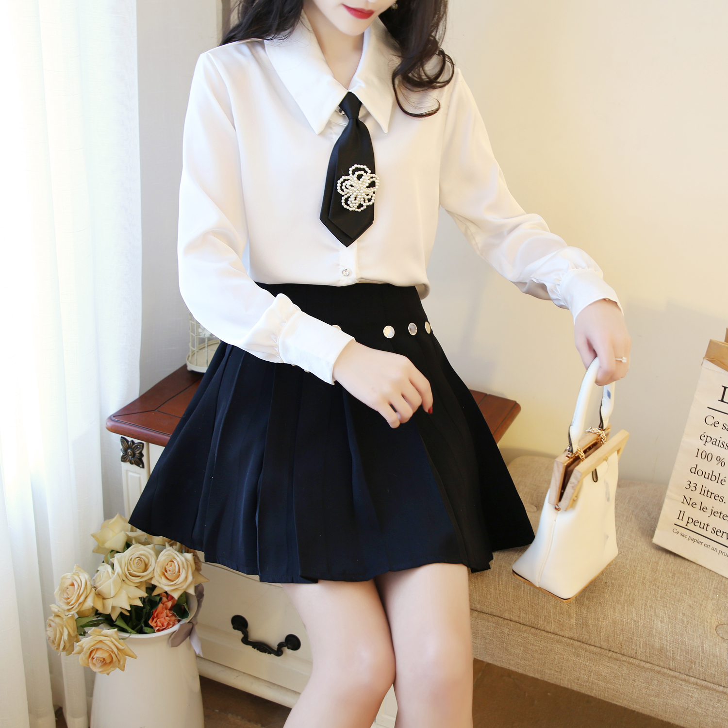 พรีออเดอร์ : เสื้อเชิ๊ตแฟชั่นแขนยาวกระดุมเพชร + เทคไทตามแบบ
