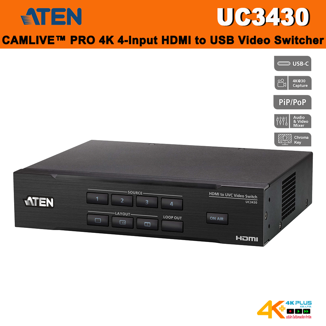 ATEN UC3430 CAMLIVE PRO 4K 4-Input HDMI to USB Video Switcher