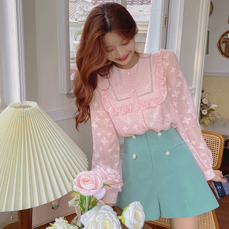 Palglg : พรีออเดอร์ เสื้อเชิ้ตแฟชั่นแขนยาวสีชมพูหวาน แบรนด์แท้