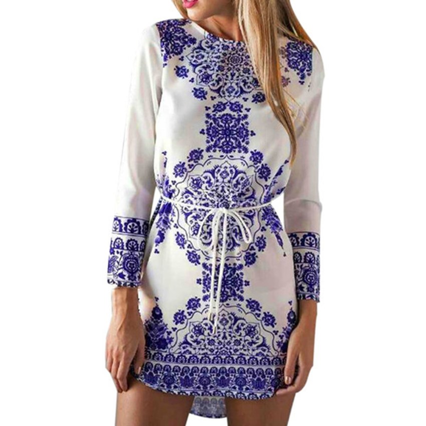 Women Floral Printed Boho Tunic Shirt Mini Dresses Printed