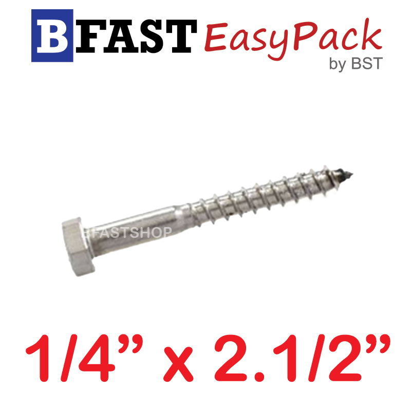 สกรูเกลียวปล่อยขันไม้สแตนเลส 1/4" x 2.1/2" ( 3 ตัว/ถุง)